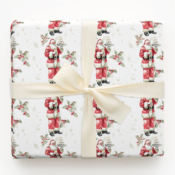Santa Champagne Coupe Gift Wrap, Champagne Santa Wrapping Paper, Watercolor Holly Berry Wrapping Paper, Elegant Christmas Wra