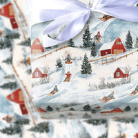 Rustic Red Barn Christmas Gift Wrap, Winter Sledding Wrapping Paper, Country Snow Scene Wrapping Paper, Festive Holiday Present Paper Roll
