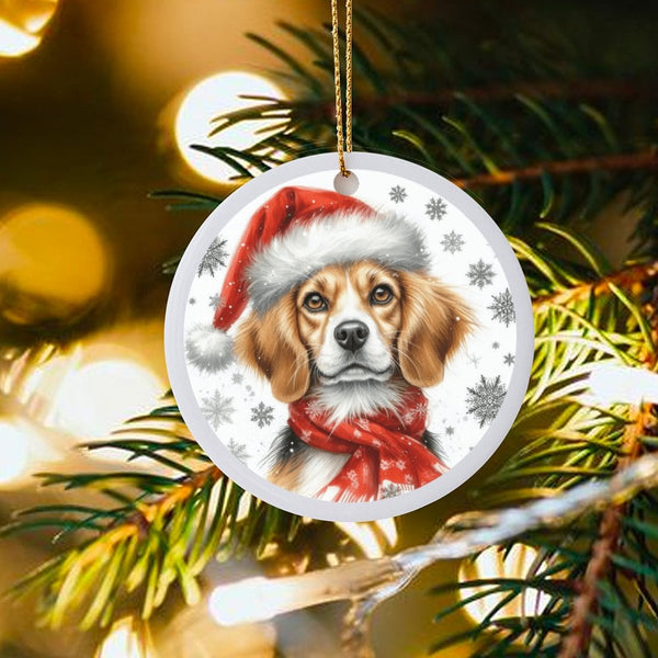 Festive Dog in Santa Hat and Scarf Ornament, Beagle Christmas Ornament, Glossy Ceramic Tree Keepsake, Hound Puppy Lover Holid