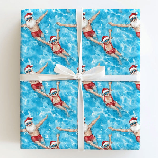 Humorous Pool Santa Claus Gift Wrap, Swimming Santa Wrapping Paper, Tropical Holiday Wrapping Paper, Christmas in July Gift W