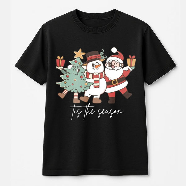Retro Santa Snowman Graphic Tee, Tis the Season Christmas T-Shirt, Holiday Aesthetic Shirt, Vintage Xmas Family Vacation Top
