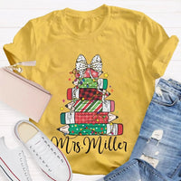 Colorful Crayons Bows Holiday Shirt, Personalized Christmas T-Shirt, Custom Name Kids Xmas Graphic Tee, Festive School Party Shirt