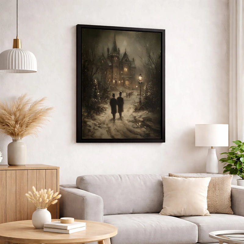 Snowy Winter Village Print, Victorian Christmas Canvas Art, Dark Academia Holiday Poster, Winter Wall Decor, Digital Download Printable