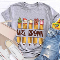 Custom Name Holiday Graphic Tee, Personalized Christmas Pencil Shirt, Adorable Teacher Christmas T-Shirt, Back to School Xmas Season Present