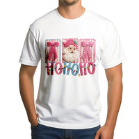 Faux Yarn Stitched Santa Shirt, Pink Santa Claus T-Shirt, Festive Ho Ho Ho Graphic Tee, Retro Pink Christmas Tee, Holiday Present for Women