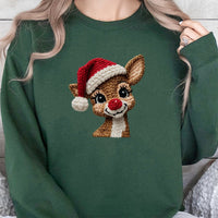 Faux Yarn Knit Holiday Sweater, Reindeer Christmas Sweatshirt, Adorable Reindeer Graphic Crewneck, Comfy Winter Pullover, Xmas Present for Men Women