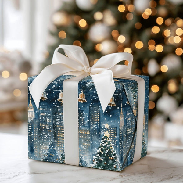 Snowy NYC Skyline Holiday Gift Wrap, New York City Christmas Wrapping Paper, Watercolor Cityscape Present Paper, Winter City 