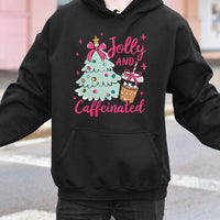 Christmas Coffee Lover Hoodie, Jolly and Caffeinated Hoodie, Adorable Holiday Coffee Pullover, Comfy Xmas Coffee Hoodie, Winter Coffee Sweatshirt