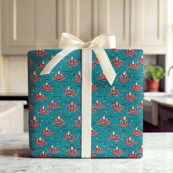 Humorous Tropical Christmas Gift Wrap, Floating Santa Inner Tube Wrapping Paper, Summer Beach Santa Wrapping Paper, Teal Holi