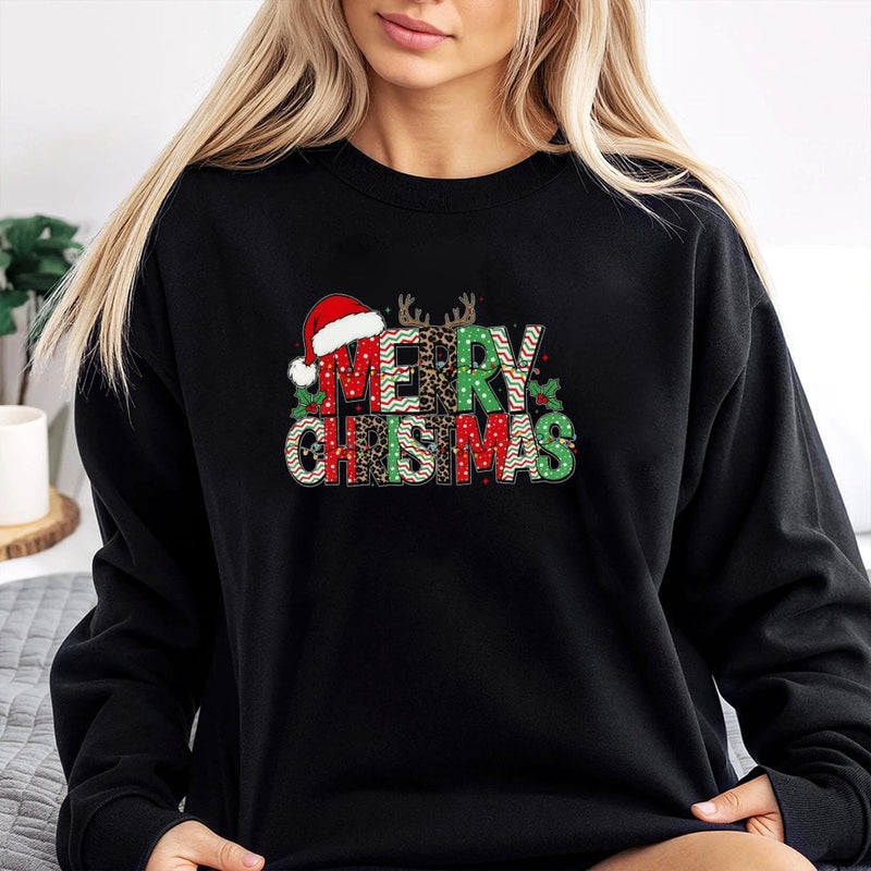 Animal Print Holiday Crewneck, Leopard Reindeer Merry Christmas Sweatshirt, Adorable Xmas Graphic Pullover, Festive Winter Sweater, Women Present