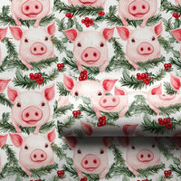 Adorable Holiday Animal Gift Wrap, Watercolor Christmas Pig Wrapping Paper, Holly Pine Wreath Wrapping Paper Roll, Festive Farm Pig Gift Wrap