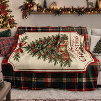 Red Green Tartan Plaid Throw Blanket, Merry Christmas Tree Sherpa Blanket, Holiday Couch Blanket, Festive Plaid Fleece Blanket