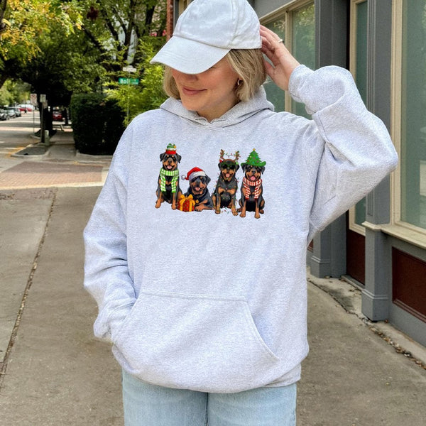 Festive Dog Lover Sweatshirt, Rottweiler Christmas Hoodie, Adorable Xmas Rottie Hoodie, Holiday Pet Owner Pullover, Dog Lover