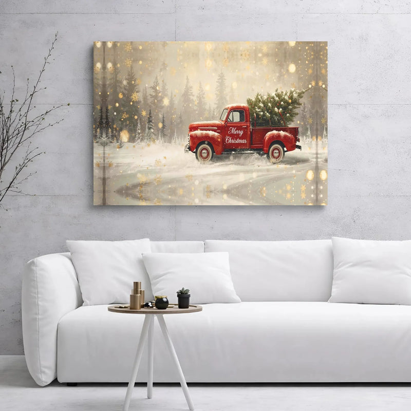 Snowy Winter Forest Canvas Wall Art, Merry Christmas Red Truck Canvas Print, Holiday Farmhouse Canvas Artwork, Festive Xmas Wall Decor