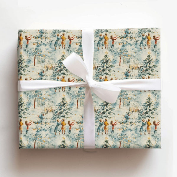 Snowy Town Christmas Wrapping Paper, Vintage Winter Village Wrapping Paper, Watercolor Holiday Gift Wrap, Festive Tree Decora