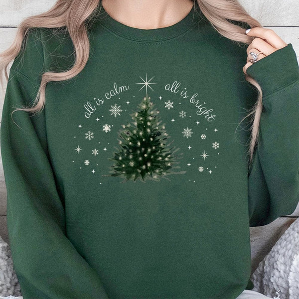 Aesthetic Christmas Tree Crewneck, All Is Calm All Is Bright Sweatshirt, Comfy Holiday Graphic Pullover, Winter Xmas Sweater,