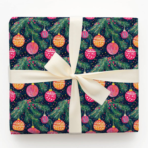 Navy Pine Branch Gift Wrap, Watercolor Ornament Christmas Wrapping Paper, Colorful Bauble Wrapping Paper, Festive Holiday Wra