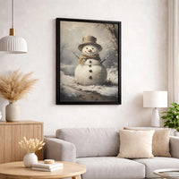 Rustic Winter Forest Holiday Print, Vintage Snowman Canvas Art, Farmhouse Christmas Snowman Wall Decor, Digital Download Holiday Art