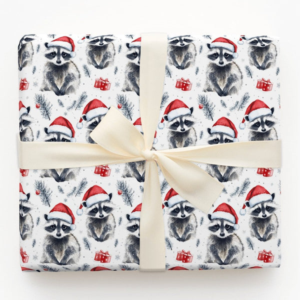 Adorable Animal Holiday Gift Wrap, Santa Hat Raccoon Wrapping Paper, Watercolor Christmas Raccoon Paper, Winter Forest Wrappi