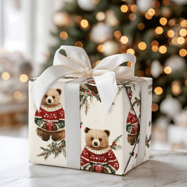 Adorable Sweater Bear Gift Wrap, Christmas Bear Wrapping Paper, Woodland Animal Holiday Wrapping Paper, Festive Winter Animal