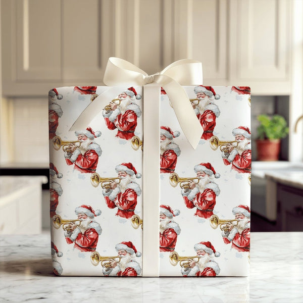 Christmas Musician Wrapping Paper Roll, Watercolor Santa Trumpet Wrapping Paper, Vintage Santa Gift Wrap, Holiday Music Wrapp