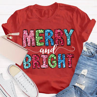 Colorful Festive Christmas Shirt, Merry and Bright Christmas T-Shirt, Retro Holiday Typography Graphic Tee, Adorable Christmas Tee
