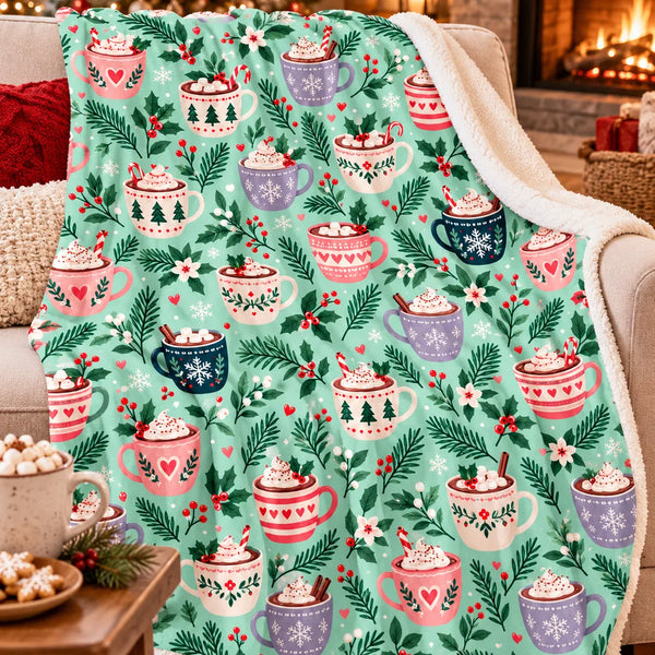 Marshmallow Candy Cane Sherpa Throw Blanket, Mint Hot Cocoa Mugs Christmas Blanket, Retro Holiday Cocoa Fleece Blanket, Comfy