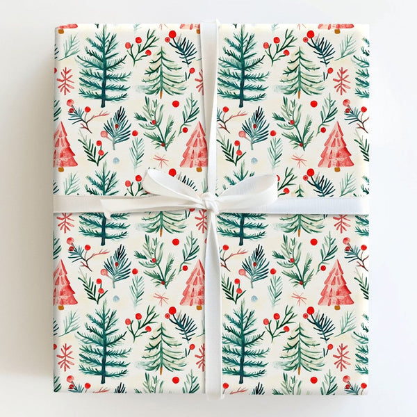Rustic Winter Forest Gift Wrap, Watercolor Pine Tree Wrapping Paper, Christmas Holly Berry Wrapping Paper, Holiday Present Wr