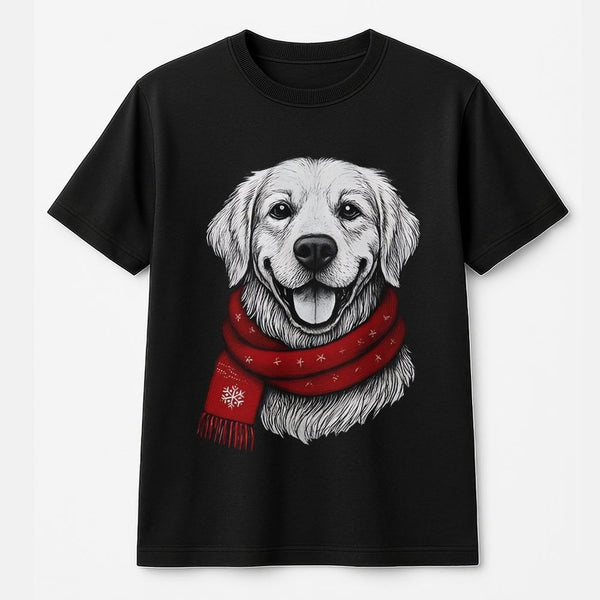 Dog with Red Scarf Holiday Shirt, Golden Retriever Christmas T-Shirt, Festive Xmas Dog Lover Graphic Tee, Adorable Puppy Holi