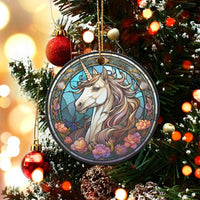 Floral Fantasy Ceramic Ornament, Stained Glass Unicorn Christmas Ornament, Magical Tree Ornament, Adorable Holiday Keepsake, Present for Girls