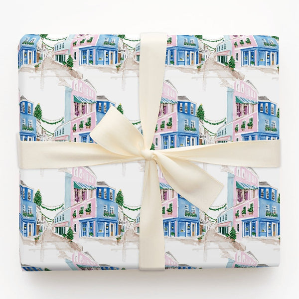 Snowy Winter Street Wrapping Paper, Watercolor Christmas Village Gift Wrap, Festive Village Scene Gift Wrapping Paper, Holida