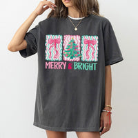 Merry and Bright Holiday T-Shirt, Pastel Christmas Tree Bows Shirt, Adorable Coquette Christmas Graphic Tee, Festive Holiday Tee, Xmas Present