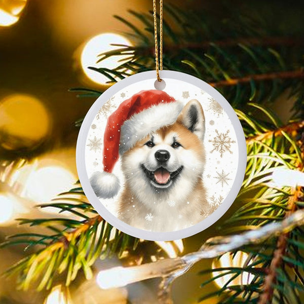 Dog in Santa Hat Ceramic Ornament, Akita Christmas Ornament, Holiday Canine Tree Keepsake, Akita Puppy Lover Xmas Decoration 