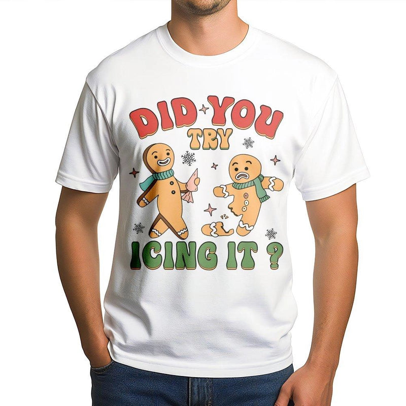 Humorous Gingerbread Men Christmas Shirt, Did You Try Icing It T-Shirt, Retro Holiday Pun Graphic Tee, Gingerbread Cookie T-Shirt, Xmas Present