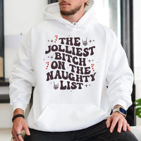 Humorous Christmas Graphic Hoodie, The Jolliest Bitch on the Naughty List Hoodie, Sarcastic Holiday Sweatshirt, Retro Xmas Hooded Pullover