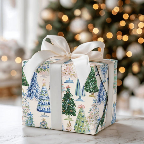 Watercolor Blue White Holiday Gift Wrap, Chinoiserie Christmas Tree Wrapping Paper, Elegant Festive Tree Wrapping Paper, Xmas