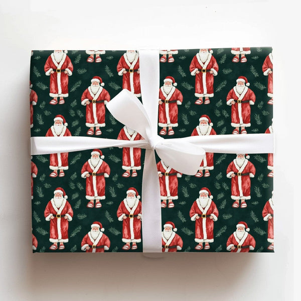 Dark Green Pine Holiday Gift Wrap, Watercolor Santa Claus Wrapping Paper, Vintage Christmas Wrapping Paper, Festive Winter Se