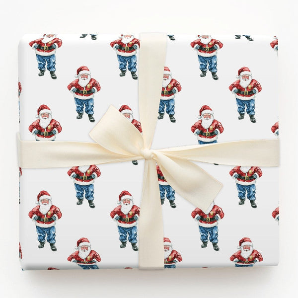 JB Buckle Christmas Gift Wrap, Watercolor Santa in Jeans Wrapping Paper, Humorous Blue Jeans Santa Holiday Wrapping Paper, Xm