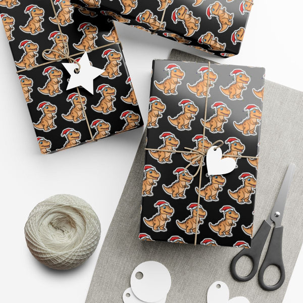 Adorable Dinosaur Santa Hat Gift Wrap, T-Rex Christmas Wrapping Paper, Kids Dino Christmas Wrapping Paper Roll, Holiday Dinos
