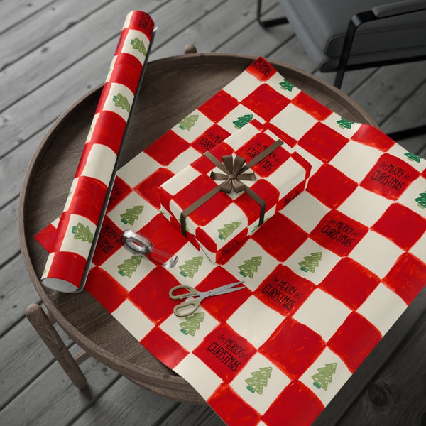 Red Checkered Holiday Gift Wrap, Christmas Tree Gift Wrapping Paper, Hand-Drawn Tree Present Wrap Roll, Plaid Xmas Wrapping P