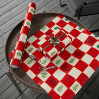 Red Checkered Holiday Gift Wrap, Christmas Tree Gift Wrapping Paper, Hand-Drawn Tree Present Wrap Roll, Plaid Xmas Wrapping Paper