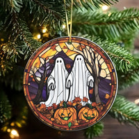 Spooky Pumpkin Holiday Ornament, Stained Glass Ghost Christmas Ornament, Halloween Jack-o-Lantern Ceramic Ornament, Adorable Ghostly Present