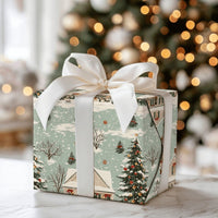 Snowy Pine Tree Holiday Gift Wrap, Vintage Christmas House Wrapping Paper, Nostalgic Winter Wrapping Paper, Xmas Present Wrap
