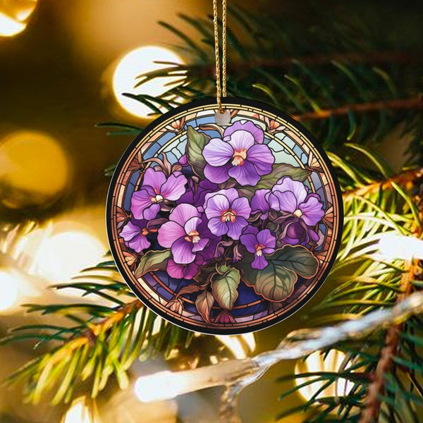 Stained Glass Floral Ornament, Purple Violets Ceramic Ornament, Violet Flower Christmas Ornament, Botanical Tree Decor Keepsa