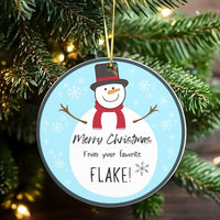 Favorite Flake Holiday Ornament, Snowman Christmas Ornament, Ceramic Snowman Tree Decor, Humorous Xmas Keepsake Present for Family and Friends