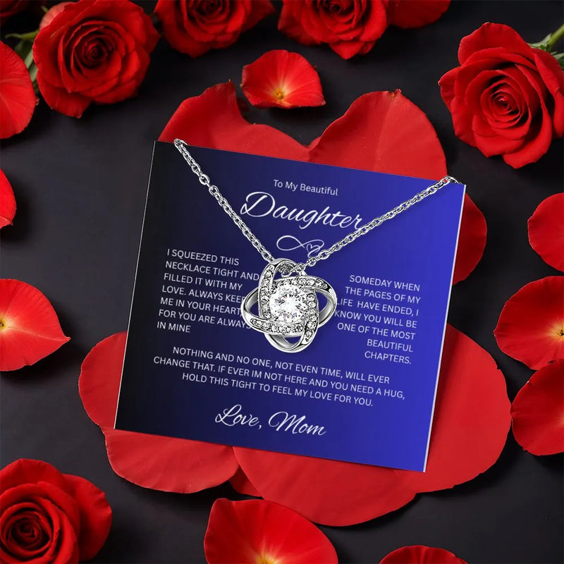 Daughter Love Knot Pendant, Love Knot Necklace for Daughter, CZ Crystal Love Knot Necklace, Rotating Rose Box Jewelry, Christmas Present