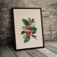 Botanical Holly Wall Art, Holly Berries Canvas Print, Vintage Holiday Plant Canvas, Christmas Botanical Print, Printable Digital Download