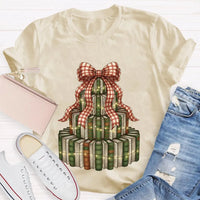 Bookworm Holiday Graphic Tee, Books Bows Lights Christmas Tree Shirt, Comfy Bookish Christmas T-Shirt, Reader Teacher Xmas Present Tee