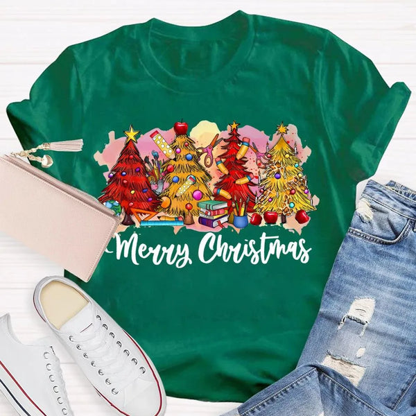 Festive Holiday Tree Graphic Tee, Merry Christmas Colorful Tree T-Shirt, Retro Xmas Tree Shirt, Winter Holiday Apparel, Chris