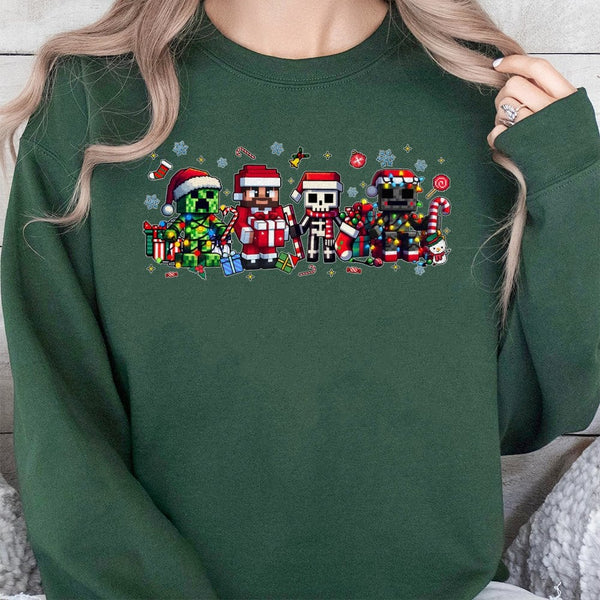 Retro Block Character Sweatshirt, Pixel Gamer Christmas Sweatshirt, Humorous Video Game Holiday Sweatshirt, Festive Gaming Sw